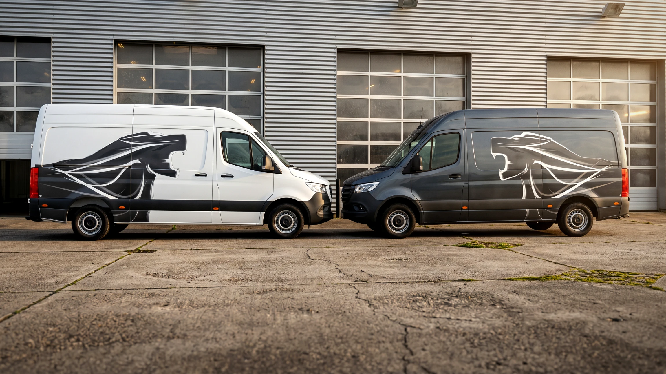 Fourgon utilitaire Renault Master blanc stationné en extérieur, entièrement habillé d'un covering publicitaire