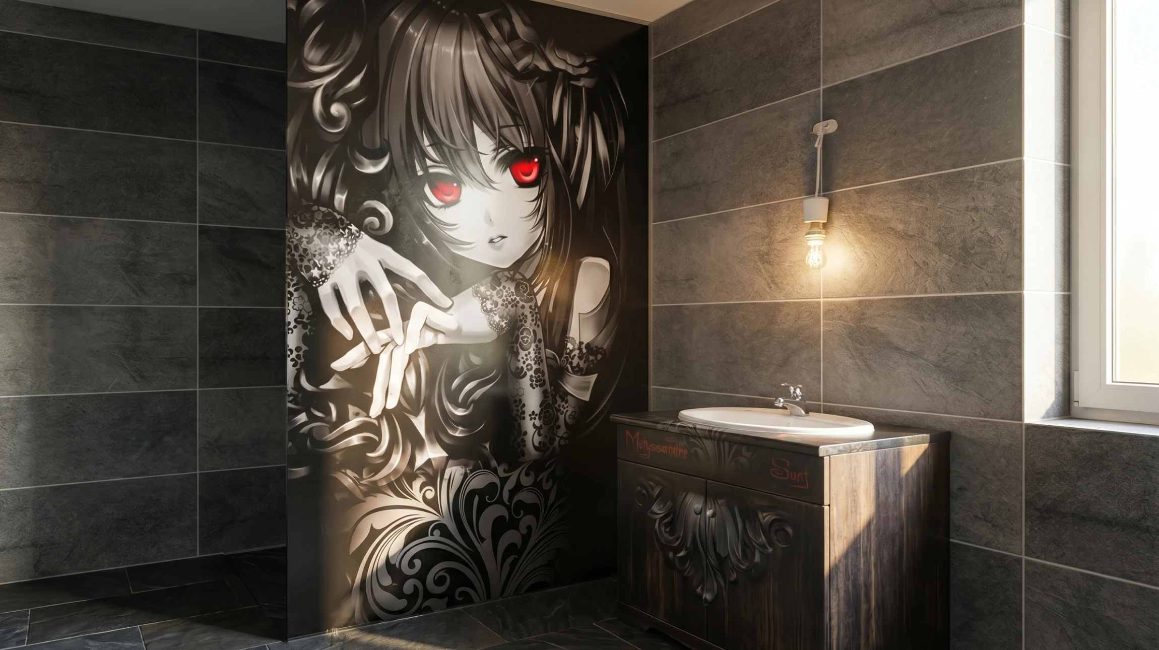 Photographie professionnelle d'un mur intérieur magnifiquement habillé avec un décor personnalisé de grande taille, présentant des motifs graphiques vibrants ou un design custom sur toute la hauteur du mur. L'espace doit montrer clairement la transformation du mur nu en surface décorée, avec un rendu de qualité professionnelle mettant en avant le caractère et l'impact visuel apporté par la décoration. La scène doit être bien éclairée en lumière naturelle ou professionnelle, sans personnes visibles.